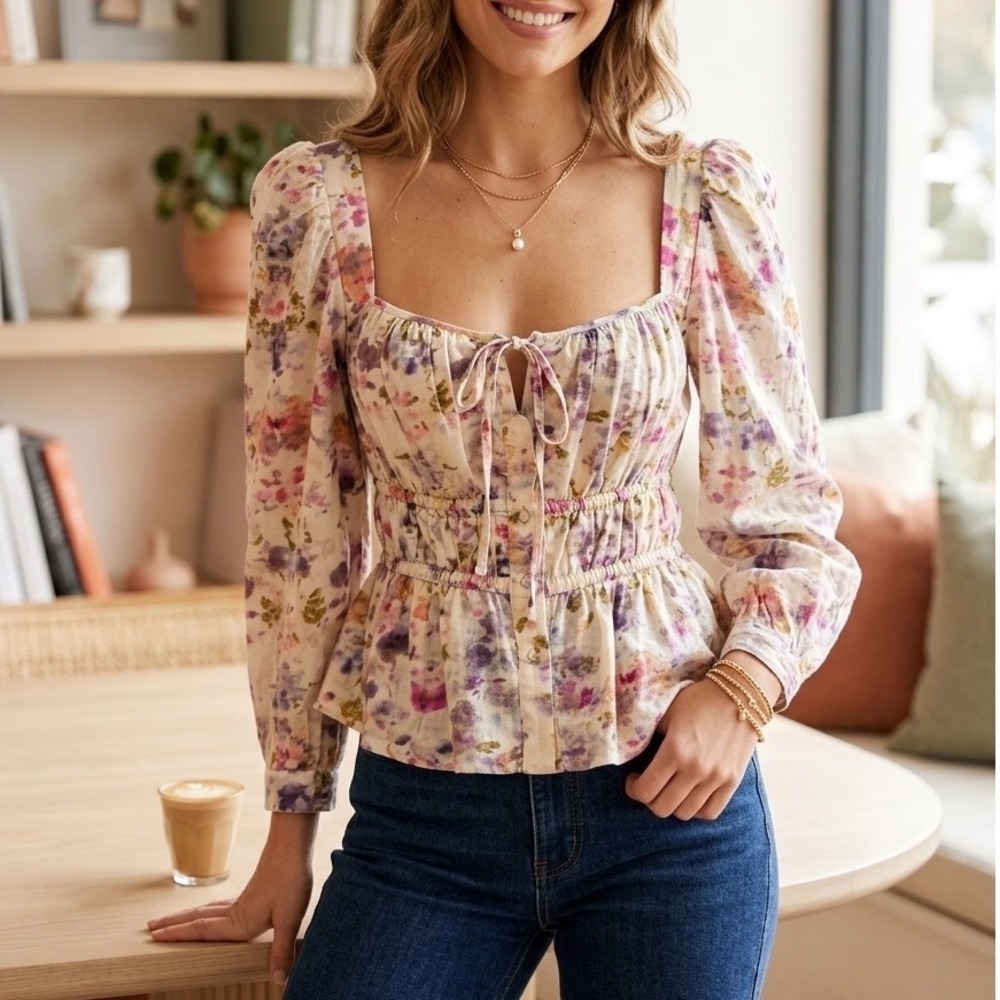Flora Obscura x J.Crew Cinched-Waist Top Kaleidoscope Floral Puff Sleeve XS